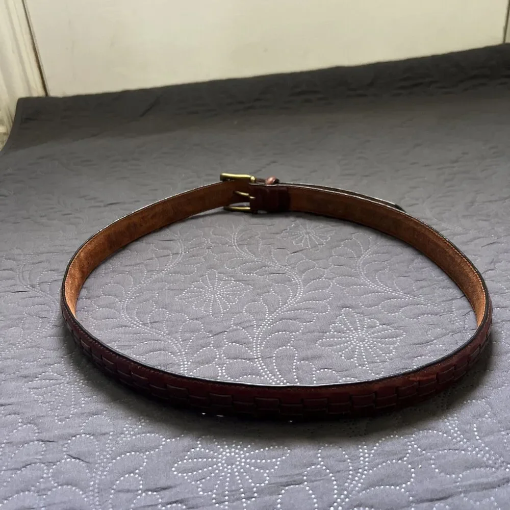 John Henry Full Grain Oil Tan Cowhide Leather Belt SZ38 Brown Woven w/Brass Buck